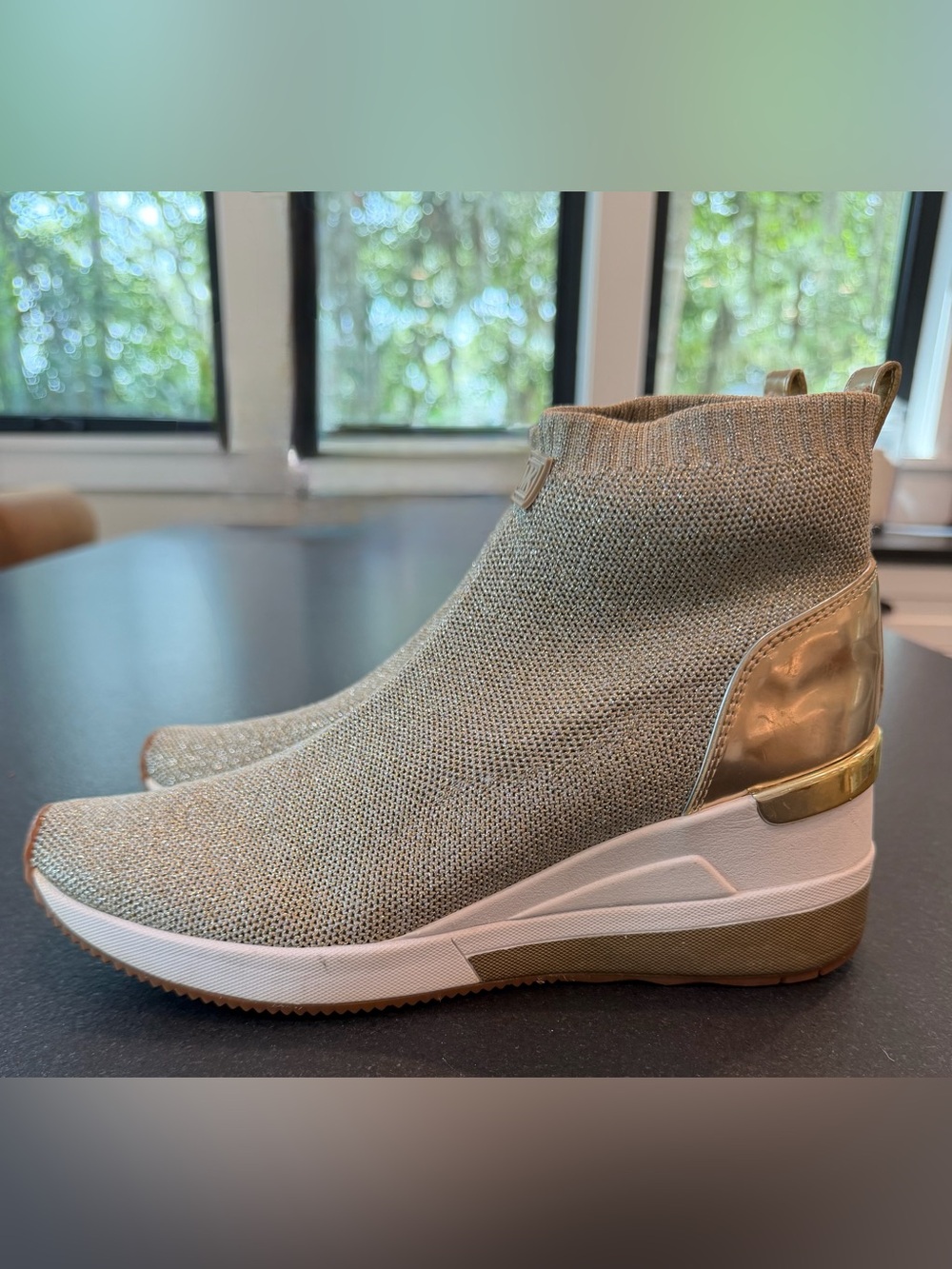 Michael Kors Skyler Knit Wedge Sneakers Metallic Gold Sock Booties 7.5 - Picture 7 of 8